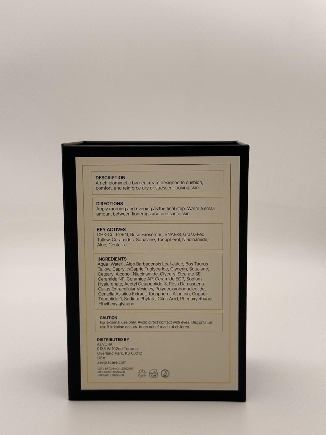 Ingredient panel printed on the Bio-Barrier Face Cream carton, listing the full INCI, directions and caution text