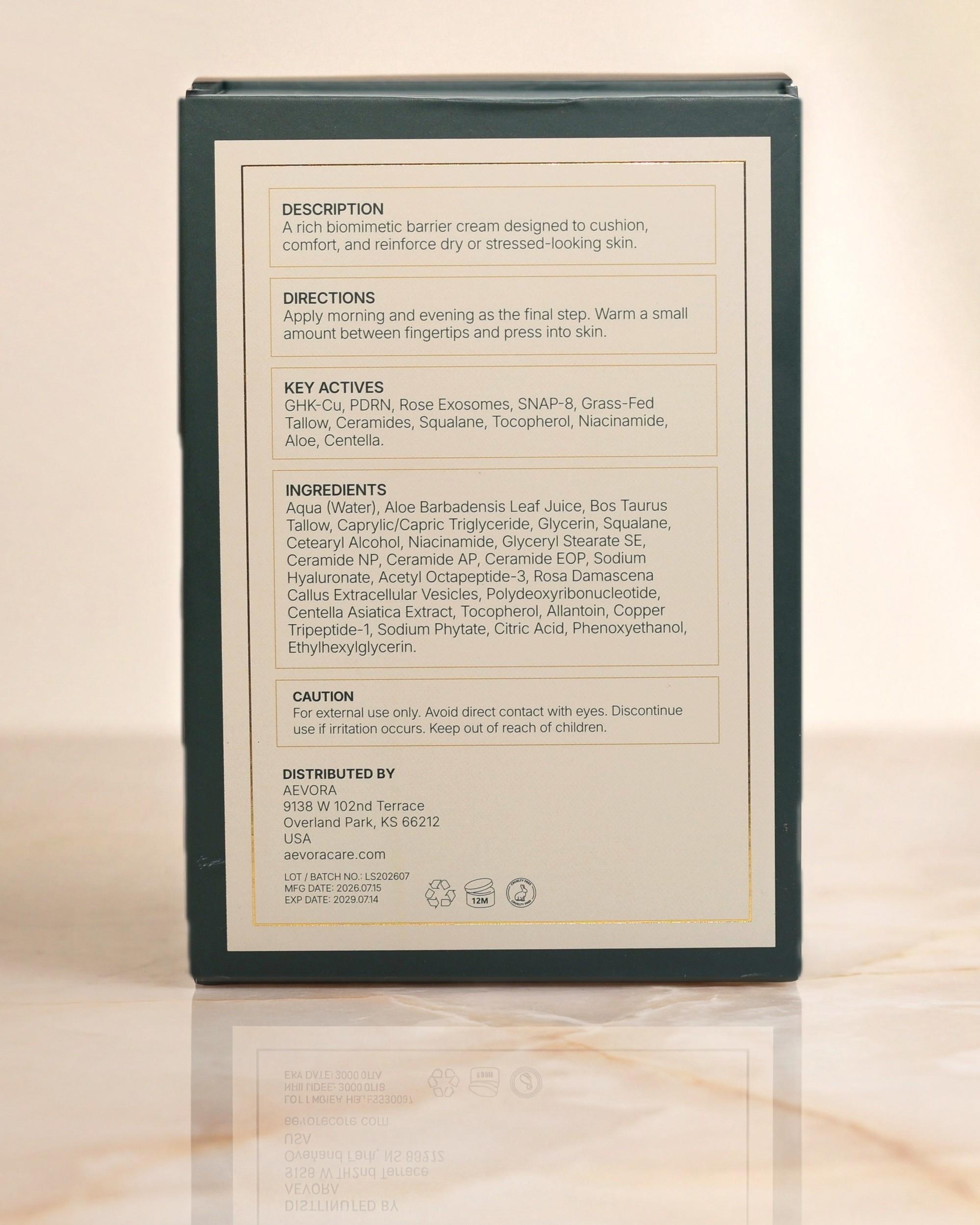 Ingredient panel printed on the Bio-Barrier Face Cream carton, listing the full INCI, directions and caution text