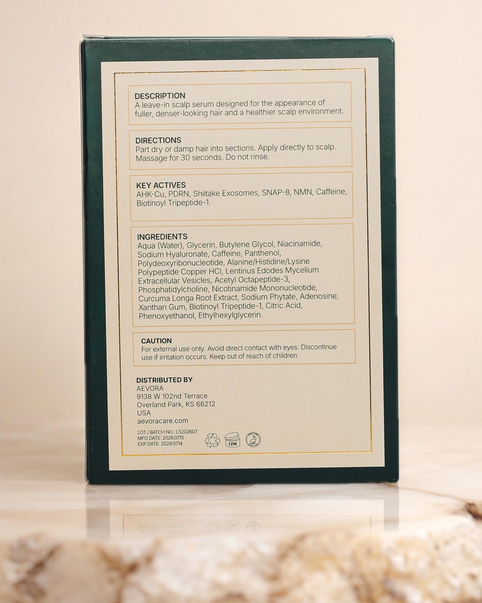 Ingredient panel printed on the Hair Density Serum carton, listing the full INCI, directions and caution text