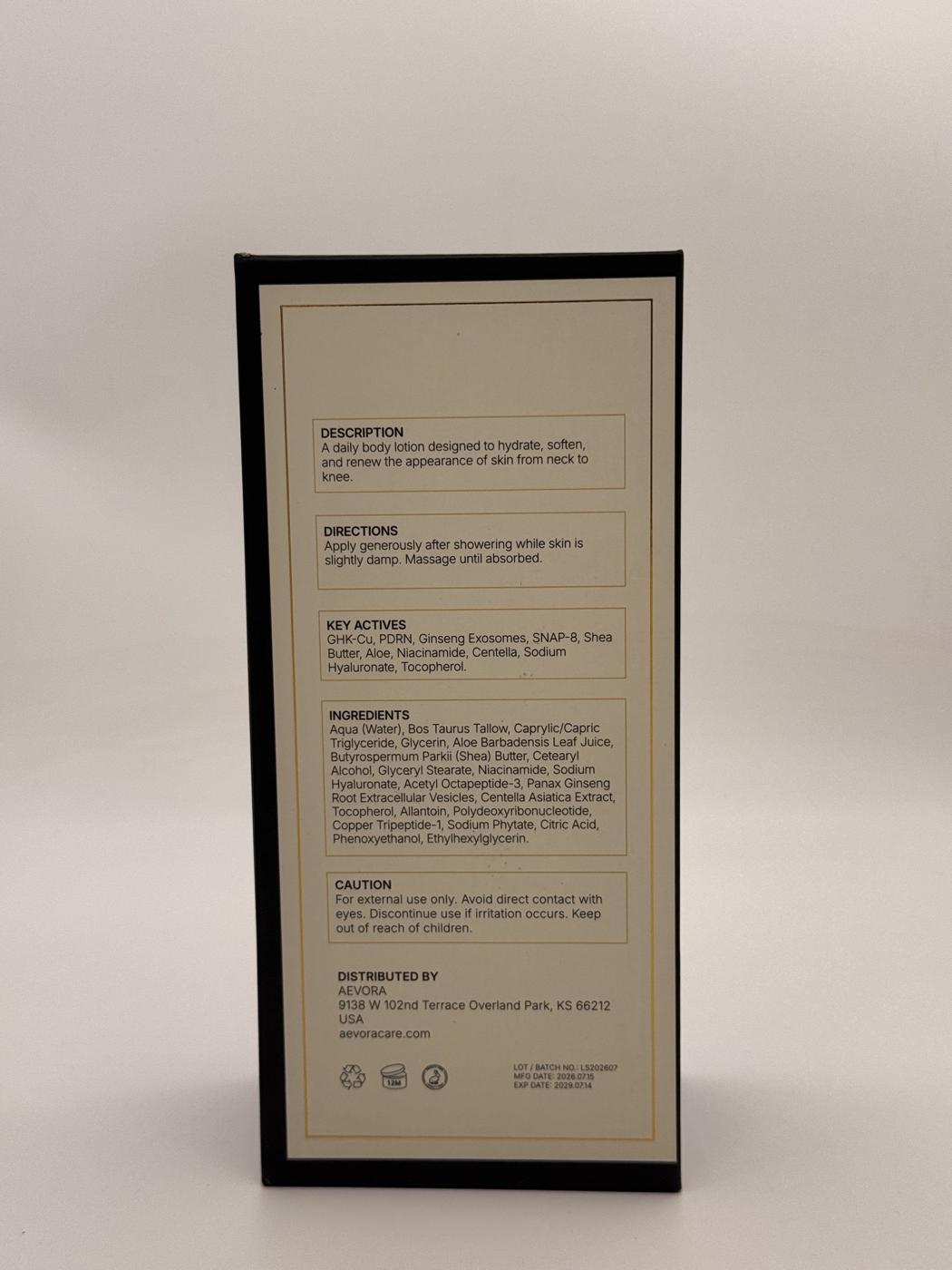 Ingredient panel printed on the Total Renewal Body Lotion carton, listing the full INCI, directions and caution text