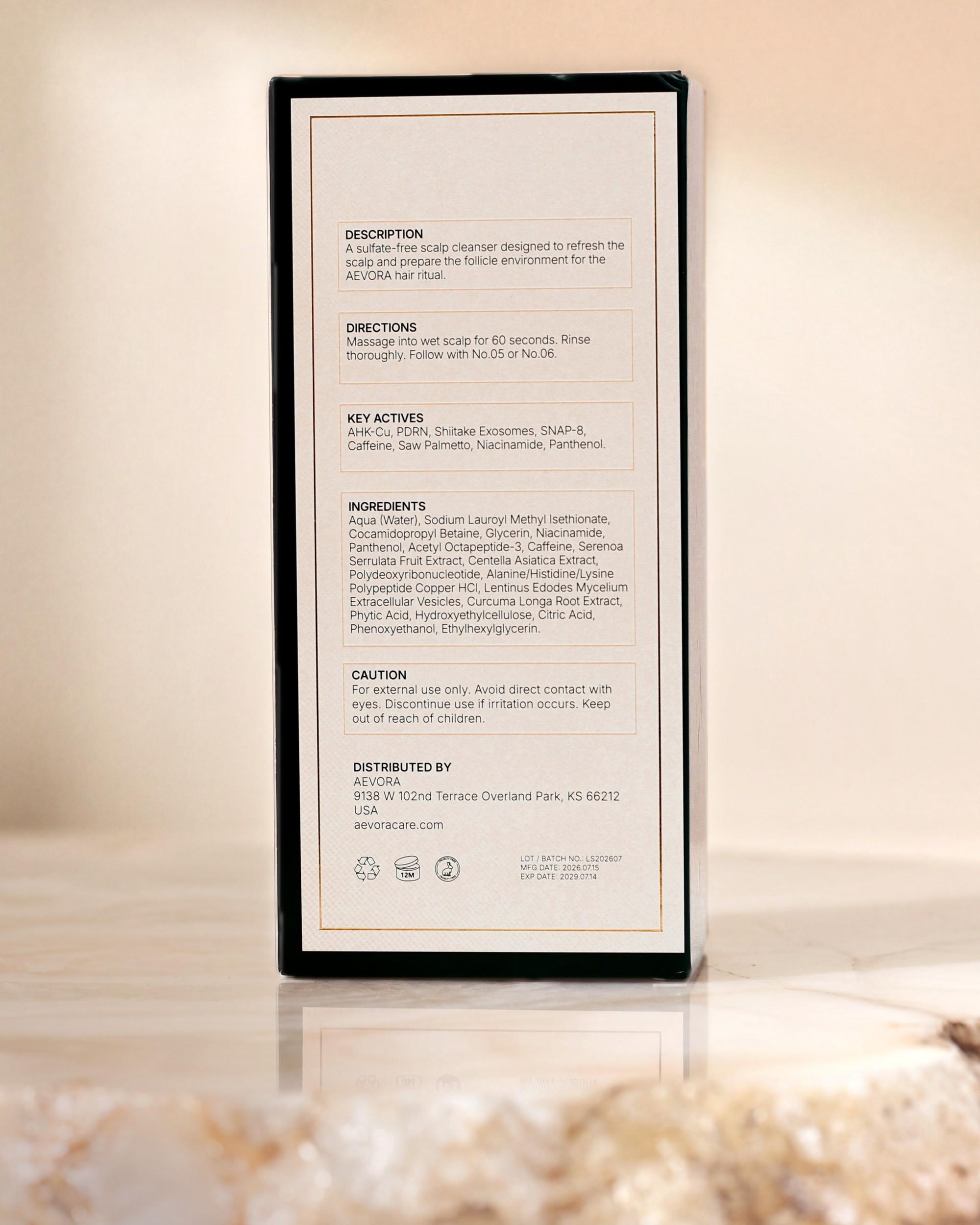 Ingredient panel printed on the Scalp Renewal Shampoo carton, listing the full INCI, directions and caution text