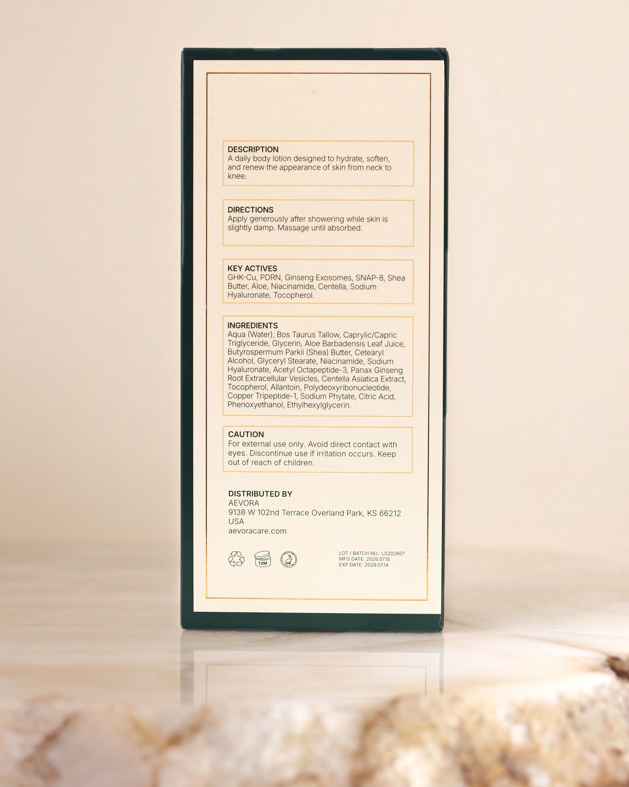 Ingredient panel printed on the Total Renewal Body Lotion carton, listing the full INCI, directions and caution text
